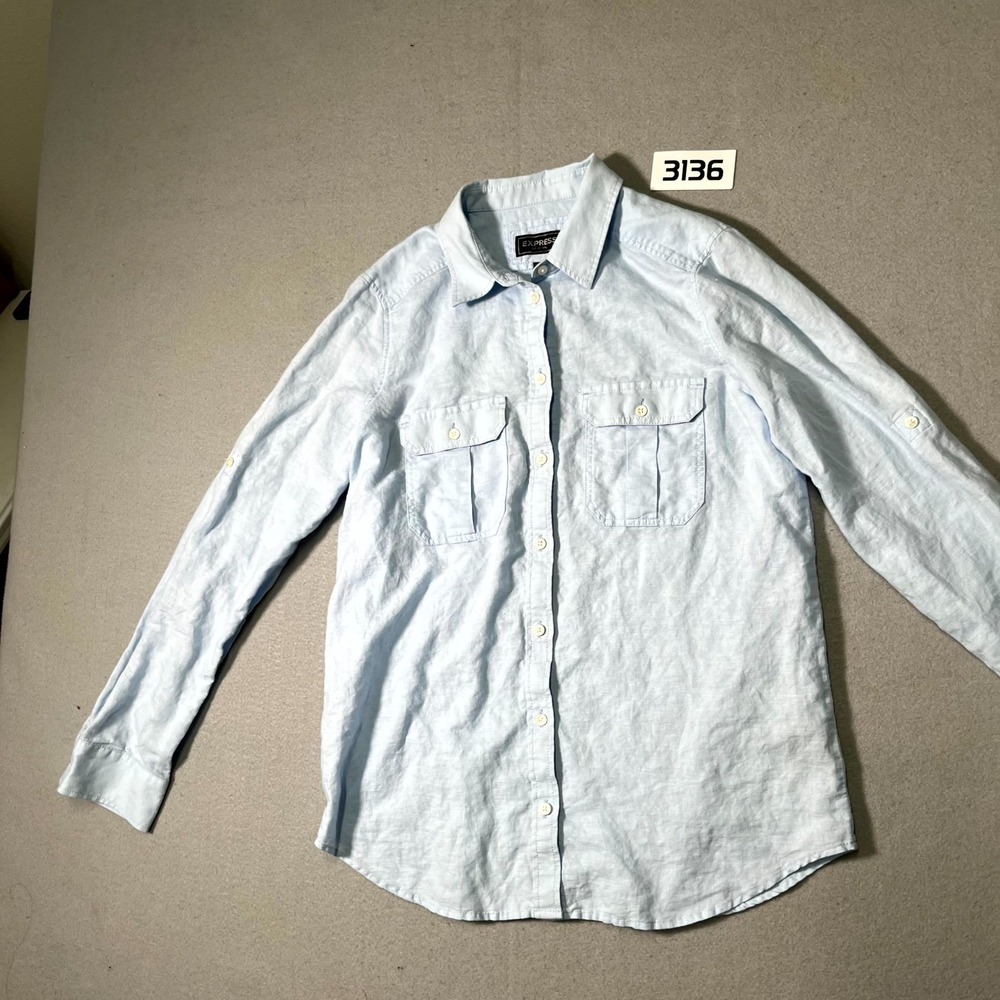 Express Shirt Womens Small Blue Linen Pockets Long Sleeve Casual Button Up